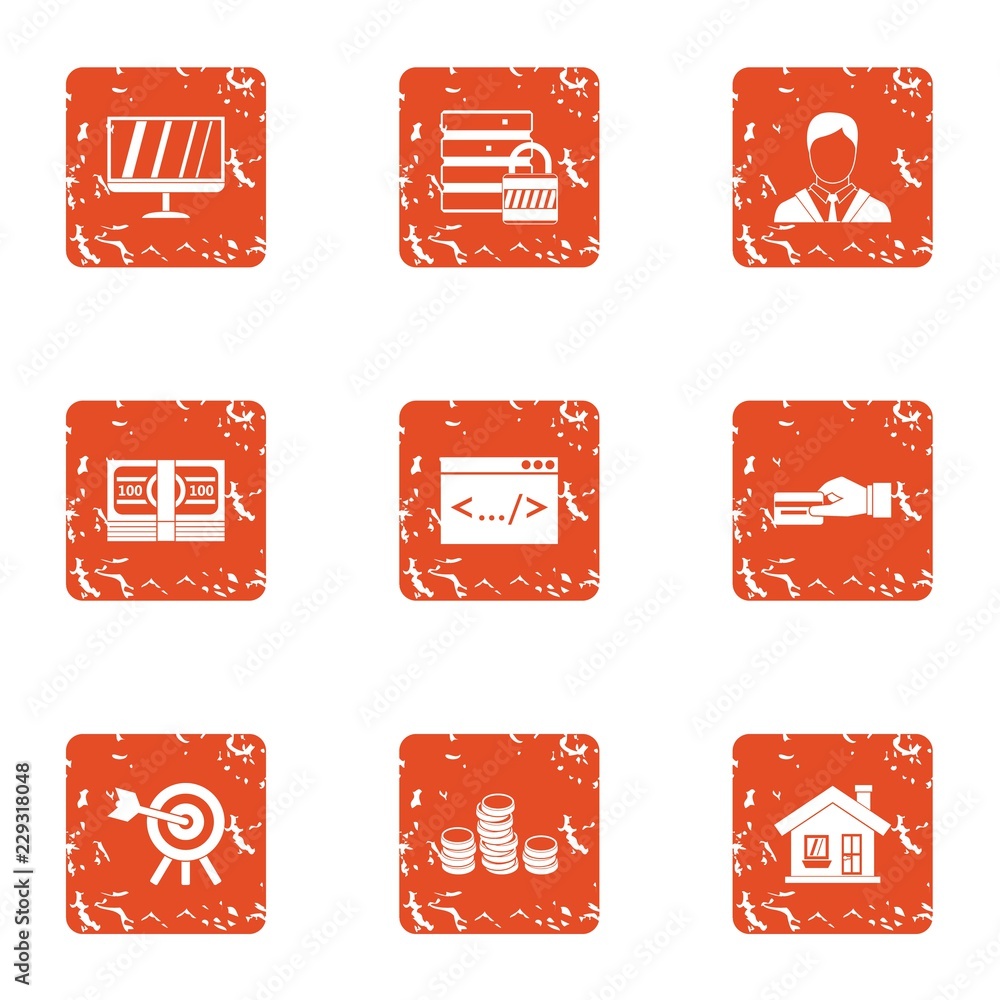 Poster monetary eventuality icons set. grunge set of 9 monetary eventuality vector icons for web isolated o