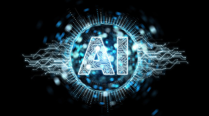 Digital artificial intelligence text hologram 3D rendering