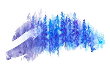 Blue watercolor forest, spruce, pine. Watercolor landscape, logo, picture. Picture of a pine forest, a blue silhouette of trees and bushes on a white isolated background. Blue splash of paint. 