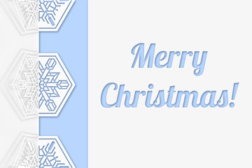 Carved paper snowflakes folded in half, bent, casts a beautiful shadow on a white background and Merry Christmas text 3d illustration