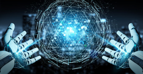 White robot hand using digital triangle exploding sphere hologram 3D rendering