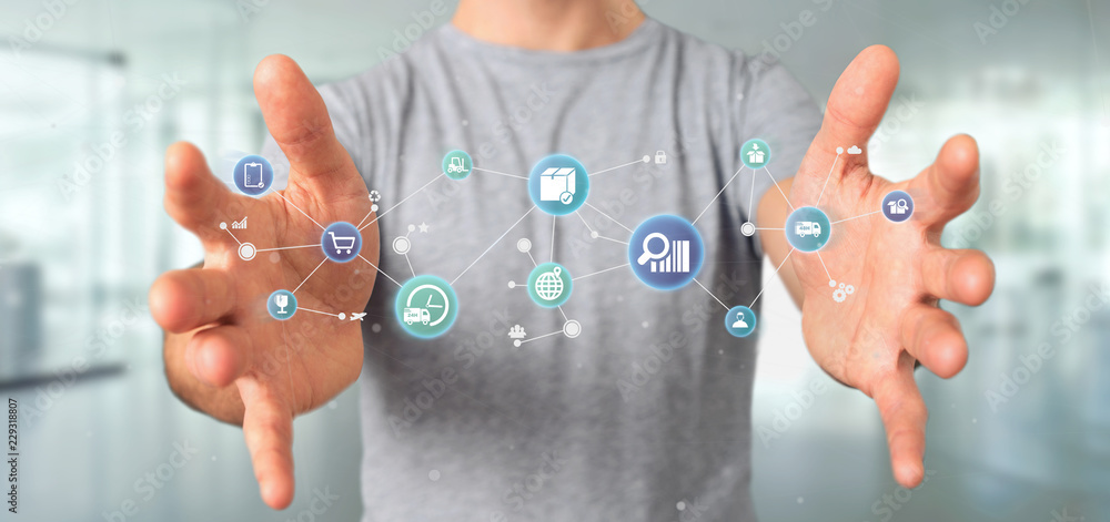 Poster businessman holding a logistic organisation with icon and connection 3d rendering