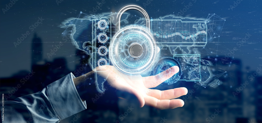Poster man holding a padlock security technology interface 3d rendering