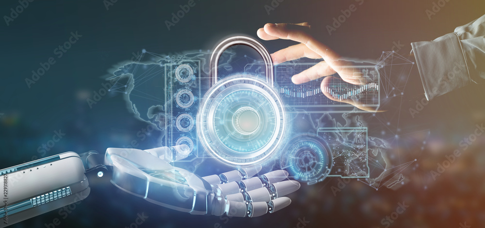 Poster cyborg hand holding a padlock security technology interface 3d rendering
