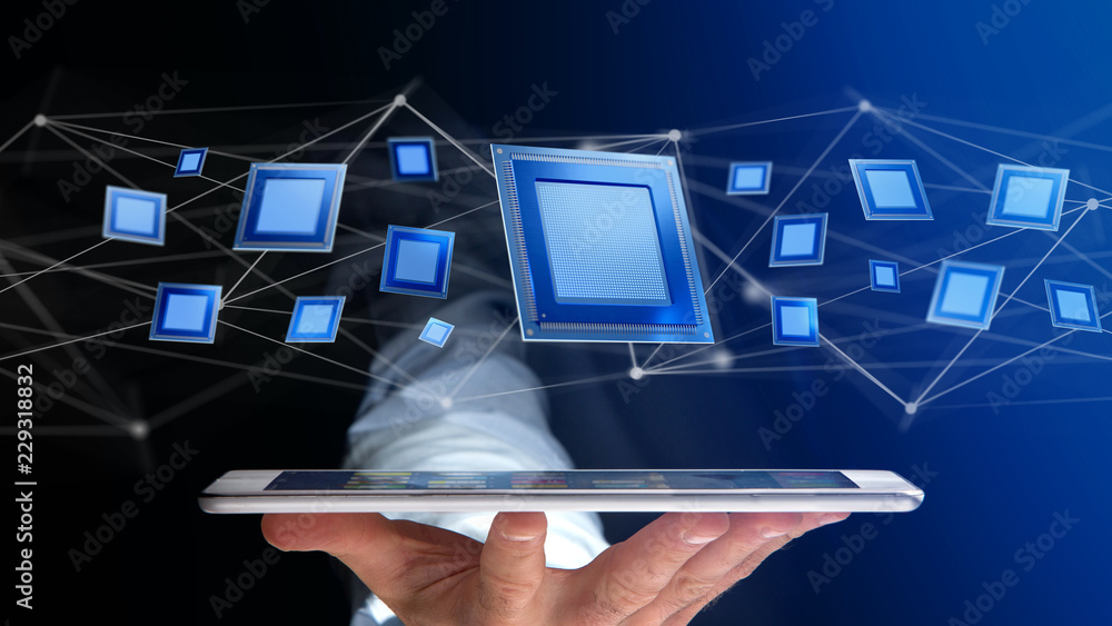 Poster businessman using a smartphone with a processor chip and network connection - 3d render