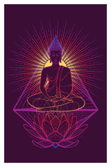 Buddha meditating in the single lotus position. Intricate hand drawing isolated on Byzantium tone background. Tattoo design. EPS10 vector illustration