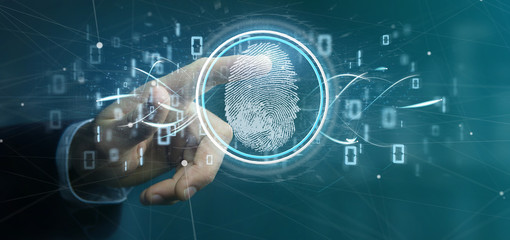 Businessman holding a Digital fingerprint identification and binary code 3d rendering