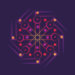 Octagonal swastika with moon and stars. Multicultural symbol representing solar cult and fertility. Line drawing isolated on a deep violet background. Tattoo design. EPS10 vector illustration