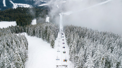 Aerial view of the cable car in the ski resort