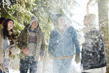 Group of happy young people enjoying walk in beautiful winter forest under snowfall  on  vacation