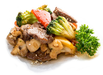 Veal, fried in WOK with vegetables in soy sauce. Asian Lunch