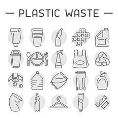 Plastic waste icons set. Linear style vector illustration
