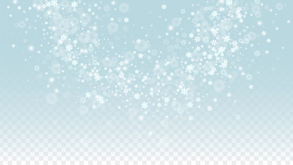 Christmas  Vector Background with White Falling Snowflakes Isolated on Transparent Background. Realistic Snow Sparkle Pattern. Snowfall Overlay Print. Winter Sky. Design for Party Invitation.