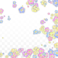 Vector Realistic Blue Flowers Falling on Transparent Background.  Spring Romantic Flowers Illustration. Flying Petals. Sakura Spa Design. Blossom Confetti. Design Elements for Wedding Decoration.