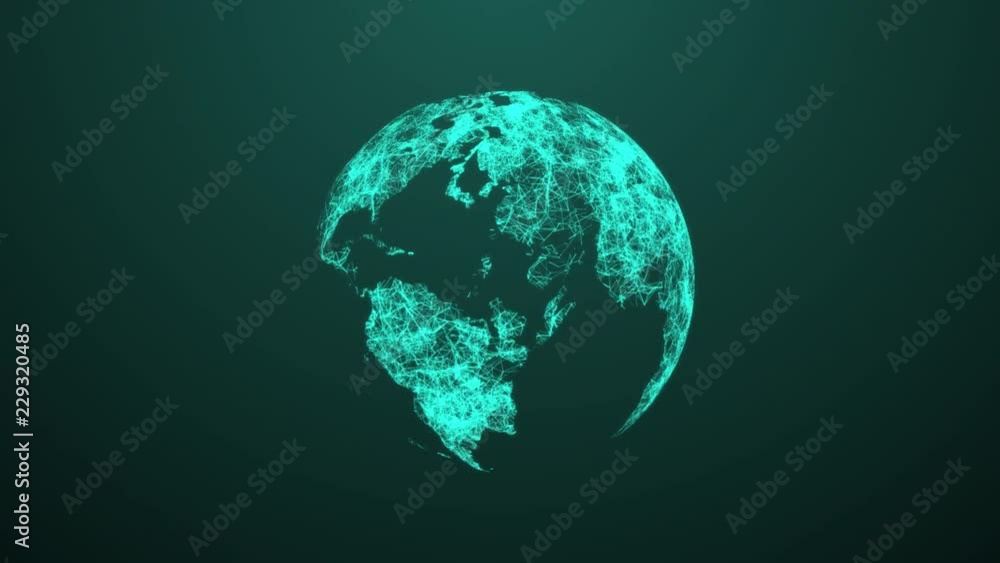 Poster digital technology planet with continent forming. 3d rendering abstract globe with particles and ple
