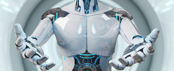 White male cyborg opening his two hands on spaceship background 3D rendering