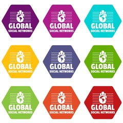 Global social networks icons 9 set coloful isolated on white for web