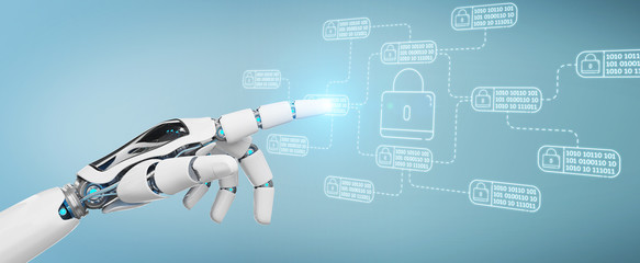 White robot on blurred background hacking and accessing private cyber datas