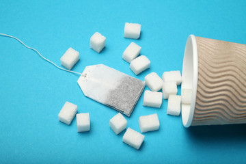 Breakfast tea with sugar, unhealthy additive. Diabetes danger.