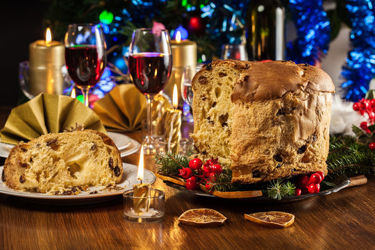 Christmas panettone cake with raisins and fruits