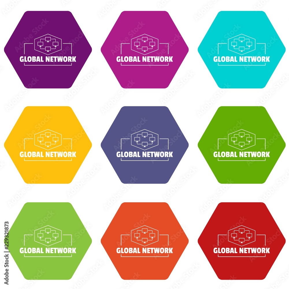 Aufkleber global network icons 9 set coloful isolated on white for web
