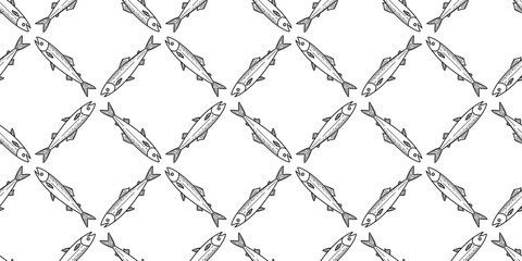 Naklejka premium fish seamless Pattern salmon vector boat dolphin shark tail whale fin Nautical maritime isolated ocean sea tropical tile background repeat wallpaper