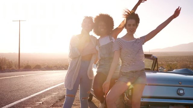 Girlfriends on a road trip have fun during a roadside break