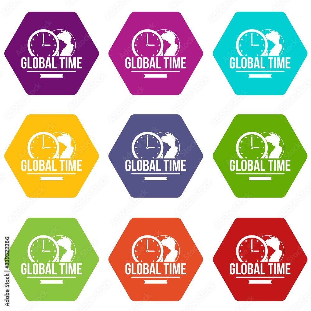 Poster global time icons 9 set coloful isolated on white for web
