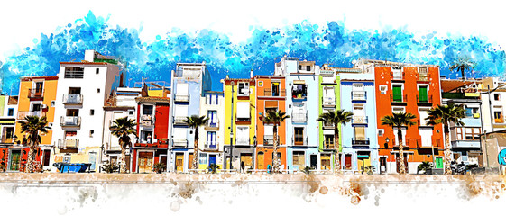 Colorful coastal village painting