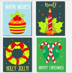 Christmas, New year holidays greeting cards templates. Art for seasonal greetings with traditional symbols