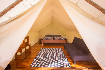 Glamping interior in Adrenaline Check eco camp in Slovenia.
