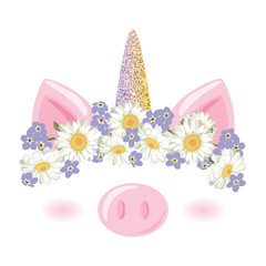 Unicorn pig. cute catroon character with floral wreath and gold glitter element. For birthday, baby shower, clothes and posters design.