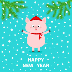 Happy New Year. Pink pig. Falling snow. Chinise symbol of 2019. Fir tree. Branch spruce Cute cartoon funny character. Flat design. Blue background.