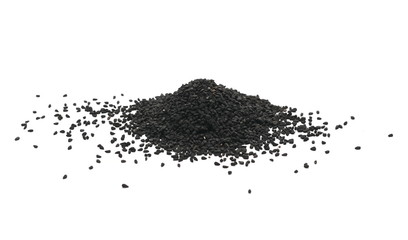 Pile of black cumin seeds isolated on white background