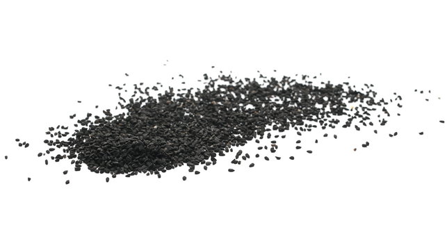Pile of black cumin seeds isolated on white background