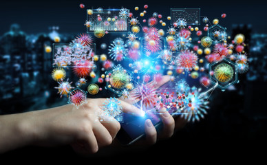 Businessman analyzing bacteria microscopic close-up 3D rendering