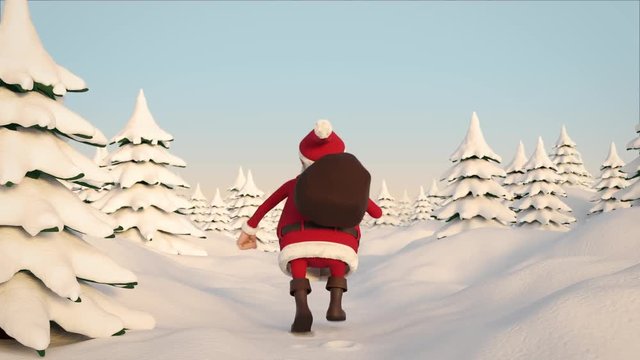 Seamless looping animation of a cartoon Santa Claus running through a snowy winter landscape. Rear view. High quality 3d animation