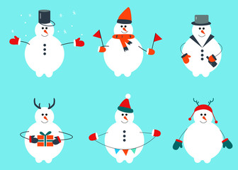 Winter set of snowman with holiday decoration in different clothes.