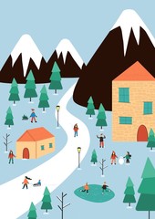 Winter landscape with people and  decoration: tree, skating, slade, snowman, gift, flag. Mountain city, cozy village in modern flat design.