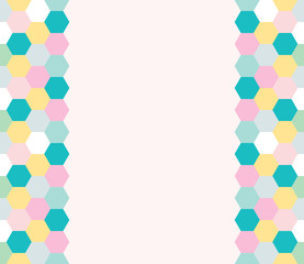 Card with honeycomb, sexangle, hexagon, zigzag, rhombus, line pattern of geometric shapes and empty space. Leaflet with colorful mosaic pattern. Vector illustration.