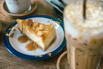 Caramel cheese cake in the cafe.