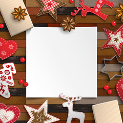 Christmas background with gingerbread and rustic ornaments
