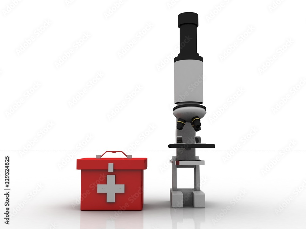Poster 3d rendering microscope with first aid box