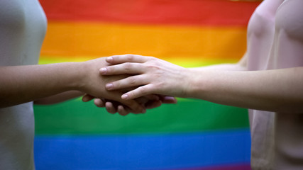 Lesbian couple holding hands, rainbow flag on background, minority rights, lgbt