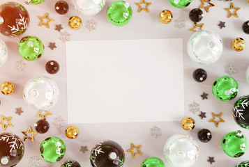 Christmas card mockup with green baubles 3D rendering