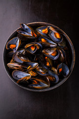 Delicious mussels in a pot