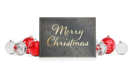 Christmas card greetings laying on red baubles isolated 3D rendering