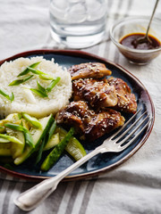Hoisin Chicken. Traditional Asian cuisine. Chicken with sauce, rice and pickled cucumbers.