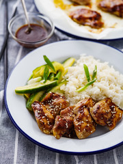 Hoisin Chicken. Traditional Asian cuisine. Chicken with sauce, rice and pickled cucumbers.