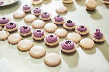 macaroons shells in a tray. Process of making macaron, french dessert,
